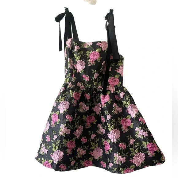 Lulus Black Floral Jacquard Mini Dress Tie Strap Skater Dress Small NWT - Picture 8 of 8